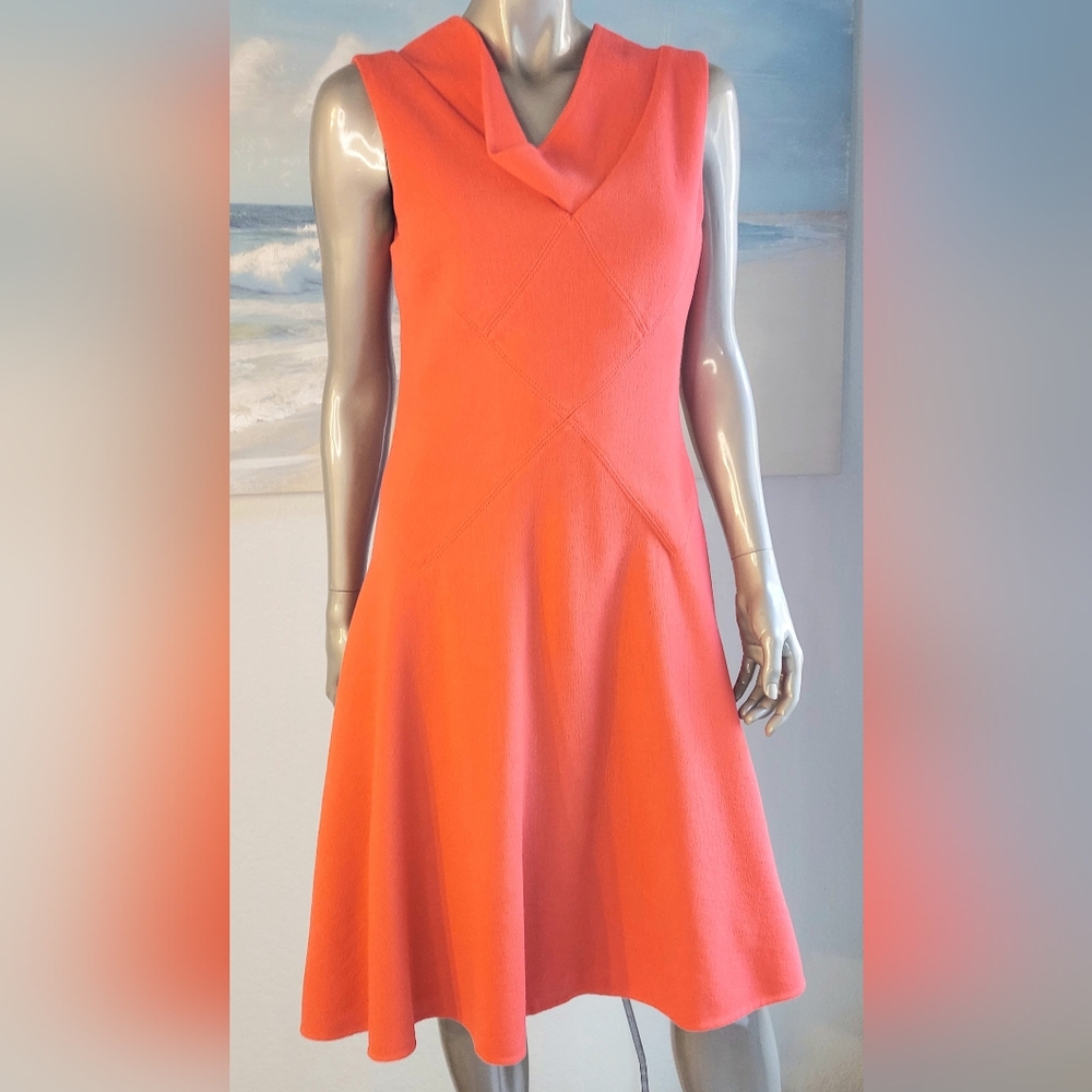 ♧$3,400 OSCAR DE LA RENTA CORAL RED WOOL PICASSO RUNWAY DRESS US 12 - Picture 2 of 14